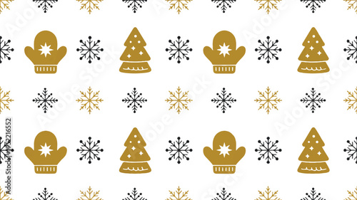 winter holiday seamless pattern with mittens snowflakes and christmas trees