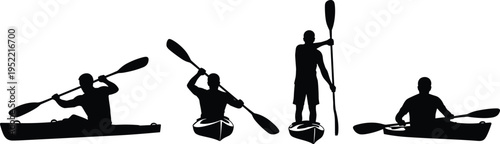 Silhouette collection of kayaking and paddleboarding athletes in action, water sports lifestyle illustration showing kayakers with double paddles and stand‑up paddleboarder on white background