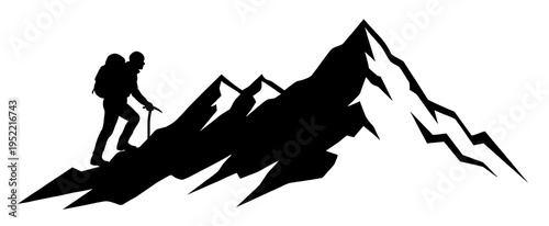Silhouette of a solo hiker trekking steep rocky terrain towards mount everest peak, adventure outdoor mountain climbing journey expedition graphic illustration isolated vector