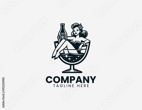 Vintage pin up woman sitting inside cocktail glass in retro black vector illustration style