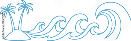 Tropical island with palm trees and ocean waves line art, summer beach concept, seaside landscape, travel vacation design, marine nature illustration