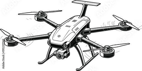 "Black and white detailed illustration of quadcopter drone in flight with four rotors, mounted gimbal camera, landing gear, and streamlined body for aerial 