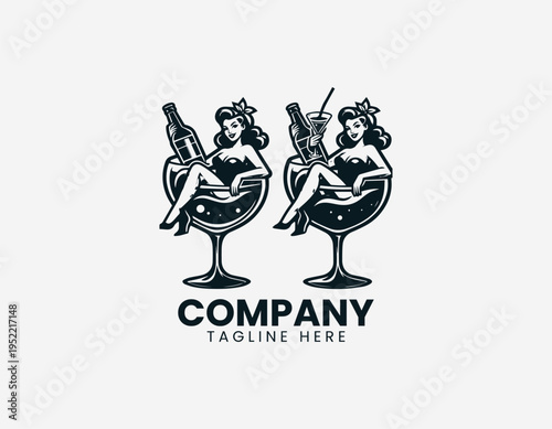 Vintage pin up woman sitting inside cocktail glass in retro black vector illustration style
