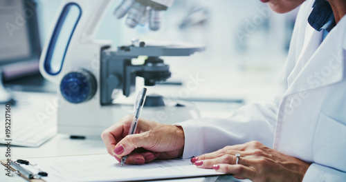 Konstfotografi Hands, scientist and writing with clipboard at lab for notes, medical research and insight for virus cure