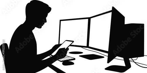Silhouette man working with tablet and dual monitors, digital workspace concept, multitasking productivity, remote office setup, technology workflow, online communication and data management