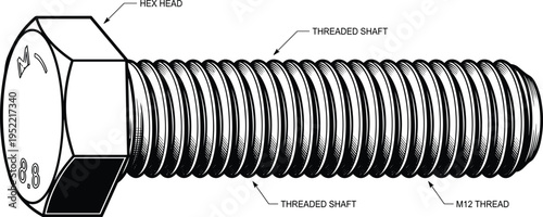 Technical bolt diagram illustration, hex head screw with threaded shaft, engineering fastener detail, mechanical component labeling, industrial hardware design, construction tool concept
