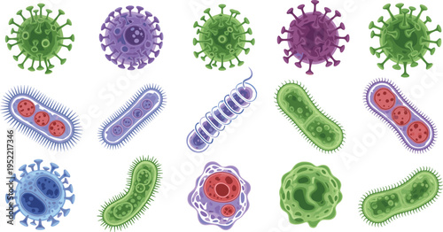 Virus and Bacteria Microorganism Collection with Germ Cells, Pathogens, Infection Icons, and Medical Microbiology Elements Vector Illustration Set