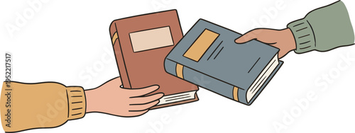 Two people exchanging books in a simple illustration style
