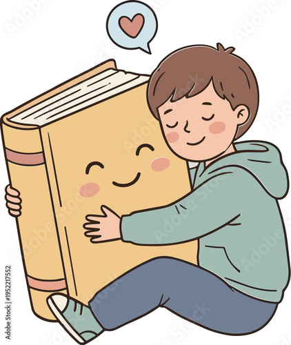 A child happily hugs a smiling book with a heart above.