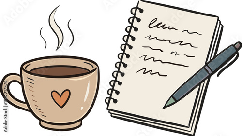 A steaming cup of coffee sits beside a spiral notebook and pen on a table indoors.