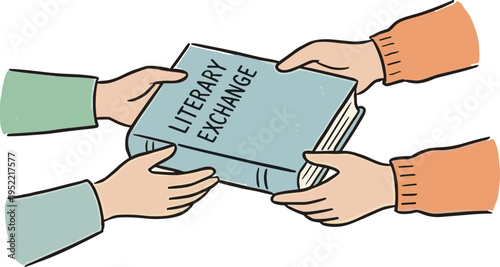 People exchanging a book in a literary event with hands and books.