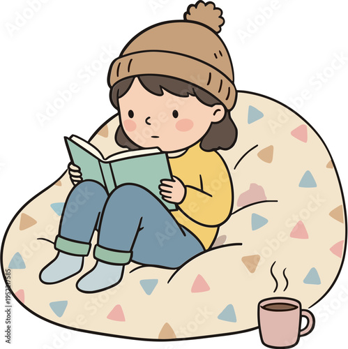 A girl wearing a beanie reads a book while sitting on a bean bag chair with a cup of coffee.