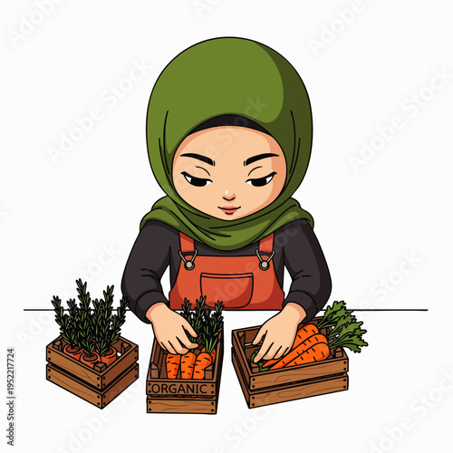 Cute Muslim woman in hijab harvesting fresh organic carrots and herbs from her garden, promoting healthy eating and sustainable living.