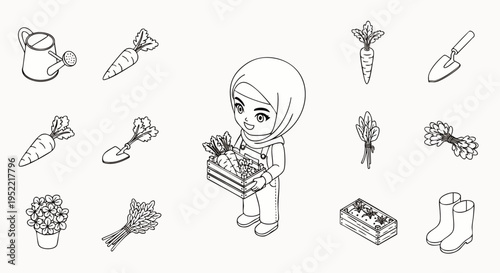 Isometric line art: Smiling Muslim woman in hijab holds fresh carrots. Gardening tools, plants, vegetables. Sustainable farming, healthy lifestyle, hobby concept.