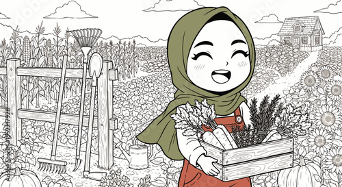 Happy Muslim girl in hijab harvesting farm vegetables. Cute cartoon illustration for coloring book, depicting a joyful farmer in a rustic garden.