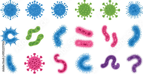 Colorful Virus and Bacteria Collection with Cartoon Microbes, Germ Shapes, and Microorganism Icons for Medical and Science Vector Illustration Set