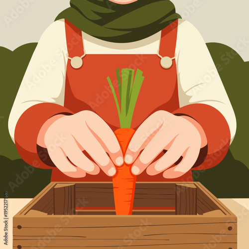 Close-up of hands carefully placing a freshly harvested organic carrot into a rustic wooden crate, symbolizing sustainable gardening and healthy eating.