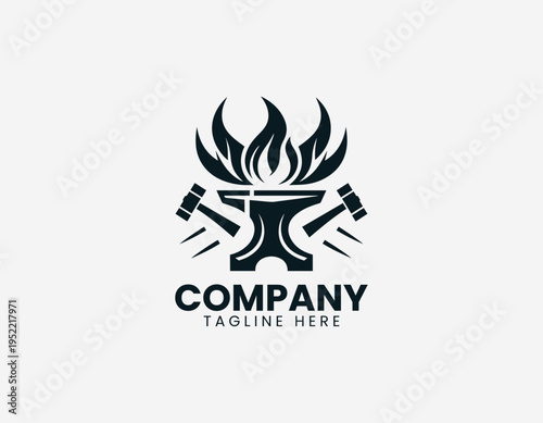 Blacksmith anvil with crossed hammers and flame black vector logo illustration isolated on white background