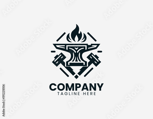 Blacksmith anvil with crossed hammers and flame black vector logo illustration isolated on white background