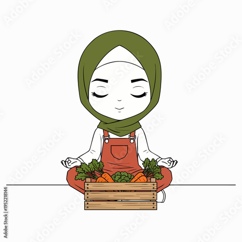 Cute Muslim Woman Gardener Meditating with Freshly Harvested Organic Vegetables in a Crate, Promoting Healthy Lifestyle and Mindfulness