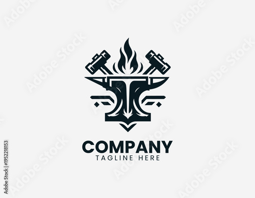 Blacksmith anvil with crossed hammers and flame black vector logo illustration isolated on white background