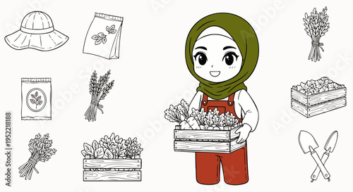 Cute Chibi Muslim girl gardener in hijab holding fresh vegetables, surrounded by farming tools and produce. Line art illustration set.