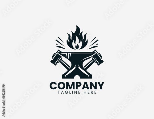Blacksmith anvil with crossed hammers and flame black vector logo illustration isolated on white background