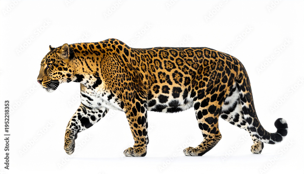 Fototapeta premium A majestic jaguar walks alone on a pristine white background, showcasing its vibrant fur and powerful stride.