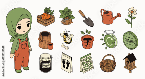 Adorable cartoon Muslim girl gardener with hijab and overalls, illustrating organic farming, sustainability, and nature care with various garden tools and plants.