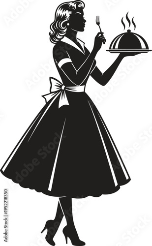 Retro woman silhouette serving food