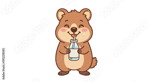 Cute cartoon quokka enjoying a refreshing drink from a bottle with a straw, illustration for children's books and nature themes