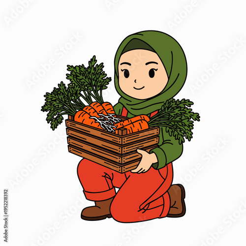 Cute cartoon illustration of a happy Muslim girl in a hijab, kneeling and holding a wooden crate full of freshly harvested carrots, depicting gardening and healthy eating.