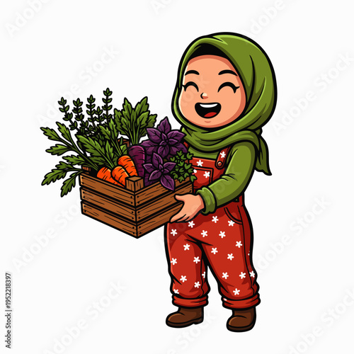 Cheerful cartoon girl in hijab and overalls proudly holding a wooden crate filled with freshly harvested organic vegetables and herbs, farming illustration.