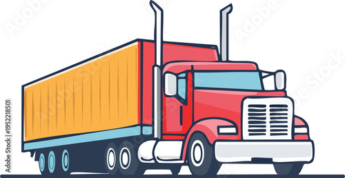Minimal line icon of a large semi truck with trailer container, logistics transport symbol