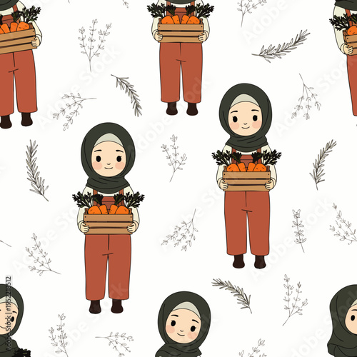 Seamless pattern: Cute Muslim girls in hijabs holding carrot crates, symbolizing harvest and gardening. Adorable design with botanical elements on white.