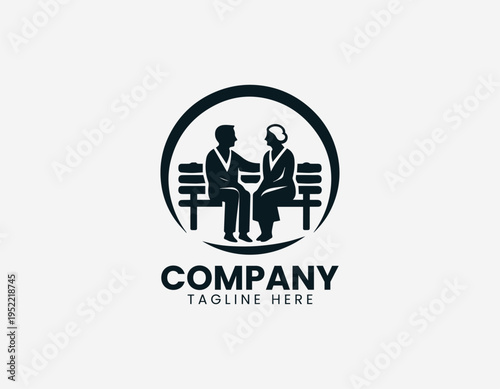 Elderly couple sitting on park bench black vector logo illustration isolated on white background