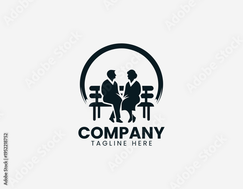 Elderly couple sitting on park bench black vector logo illustration isolated on white background