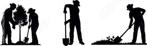 Silhouette of people working with shovels in garden or yard
