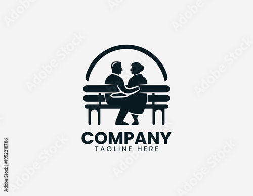 Elderly couple sitting on park bench black vector logo illustration isolated on white background