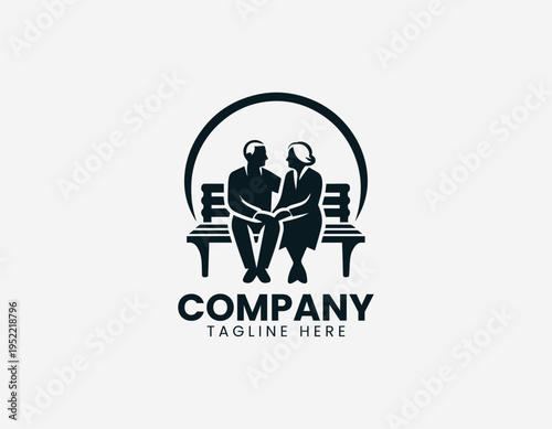 Elderly couple sitting on park bench black vector logo illustration isolated on white background