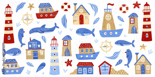 Colorful nautical illustration featuring lighthouses boats and marine life