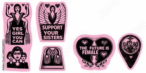 Feminist sticker designs featuring empowering messages and female figures
