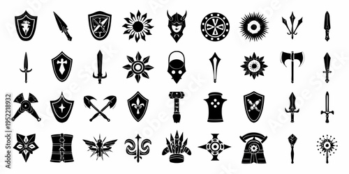 Collection of medieval weaponry and heraldic shields in black silhouette