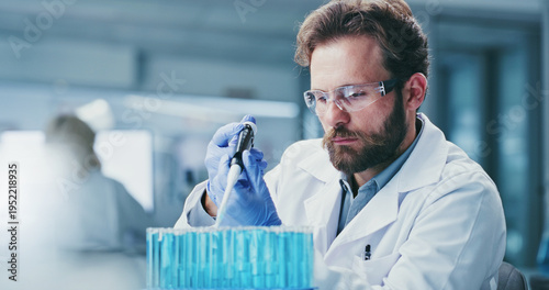 Bilde på lerret Scientist, glasses and man with pipette, lab and drug development for metabolic disease and research