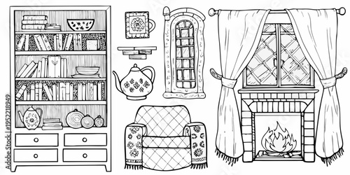 Detailed ink sketch featuring vintage furniture and decorative home elements
