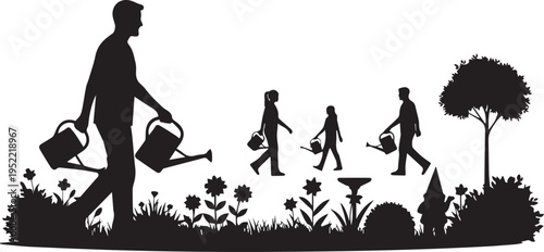 People gardening silhouette vector illustration set for leisure