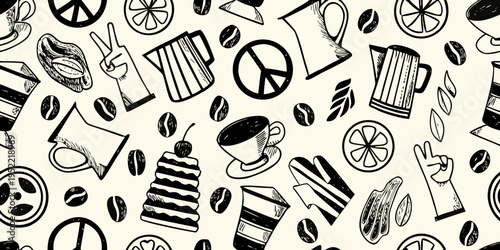Seamless pattern of coffee peace signs and breakfast items