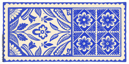 Blue and white floral tile pattern with geometric and botanical designs