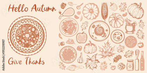 Autumn harvest illustration with thanksgiving elements and sketched food items