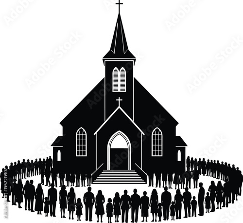 community gathering around church building silhouette symbolizing faith unity and worship, religious congregation illustration, cad drawing flat vector illustration